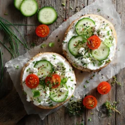 Revive Your Spirit with Powerful Cottage Cheese Bagels 2025 4 Cottage cheese bagels topped with creamy cottage cheese, cucumbers, tomatoes, and herbs on a rustic wooden table.
