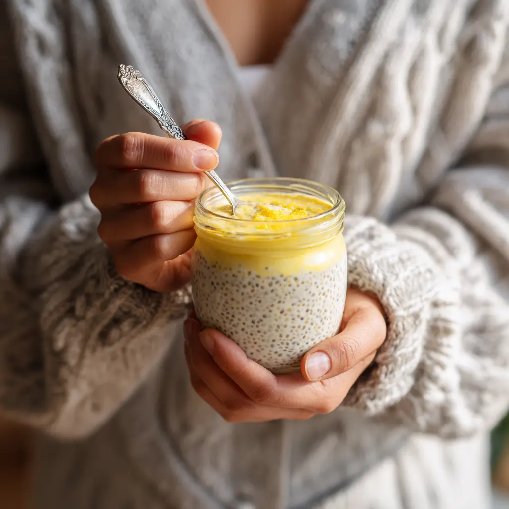 Creamy Lemon Chia Pudding Made to Refresh and Satisfy 2025 5 Woman holding creamy lemon chia pudding jar