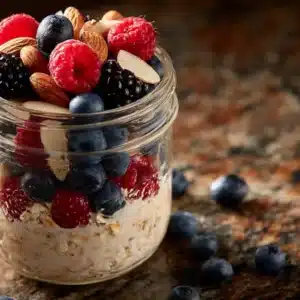 Blended overnight oats topped with fresh berries and almonds