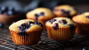 Freshly baked keto blueberry muffins cooling on a wire rack, golden brown with juicy blueberries.