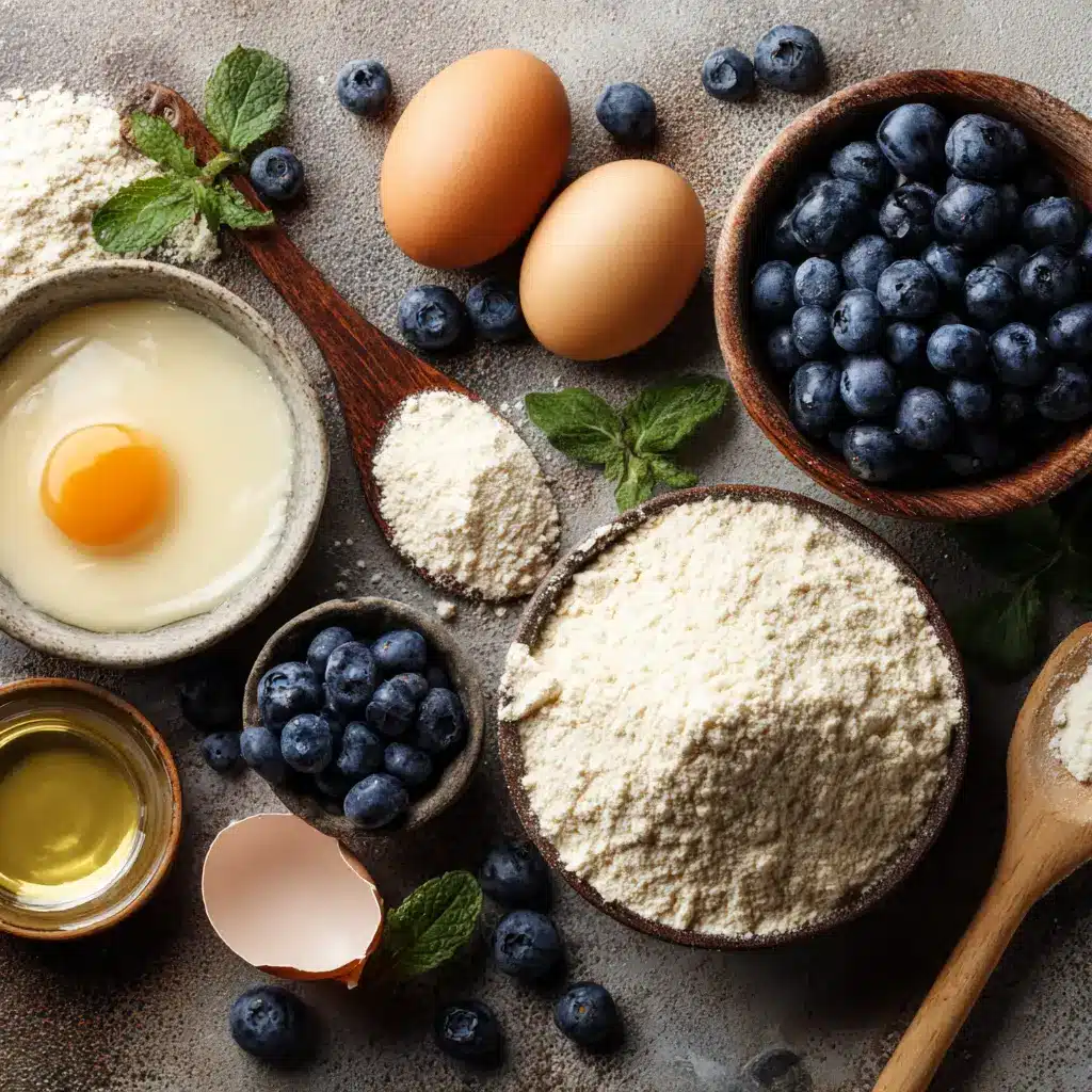 Flat lay of keto blueberry muffin ingredients fresh blueberries, eggs, almond flour, and olive oil on a rustic table.