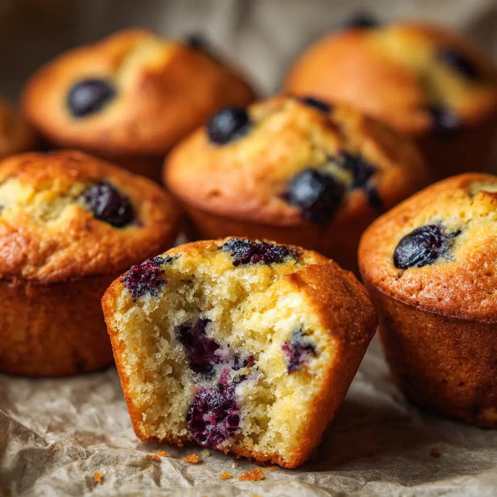 Freshly baked keto blueberry muffins served on parchment paper, golden brown with juicy blueberries inside.