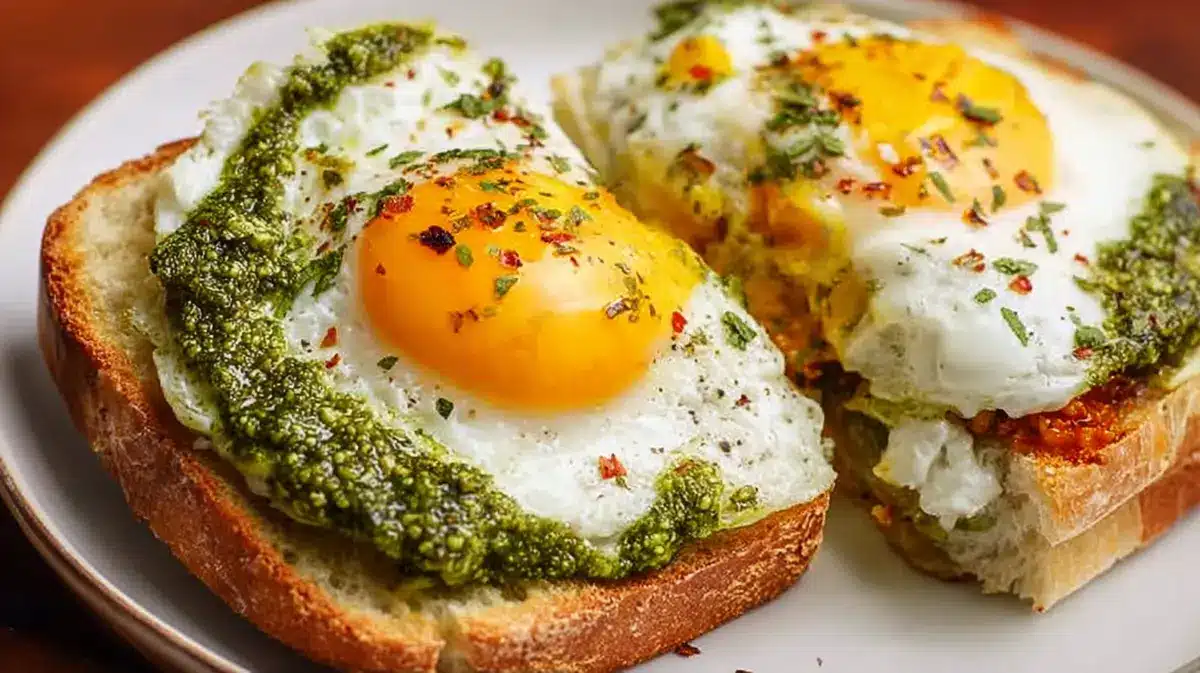 Pesto breakfast sandwich with egg and melted cheese on toasted bread