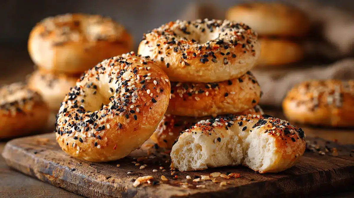 High-protein bagels with seeds on a cooling rack