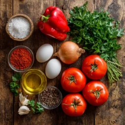 Shakshuka Pan Under 150 Calories for Unstoppable Morning Vitality 4 Flat lay of shakshuka ingredients — tomatoes, peppers, onions, garlic, parsley, chili peppers, eggs, olive oil, and spices.