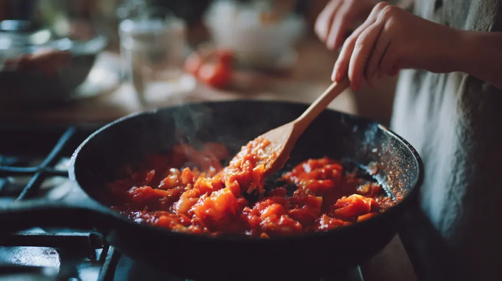 Shakshuka Pan Under 150 Calories for Unstoppable Morning Vitality 3 cooking shakshuka pan in a cast iron skillet
