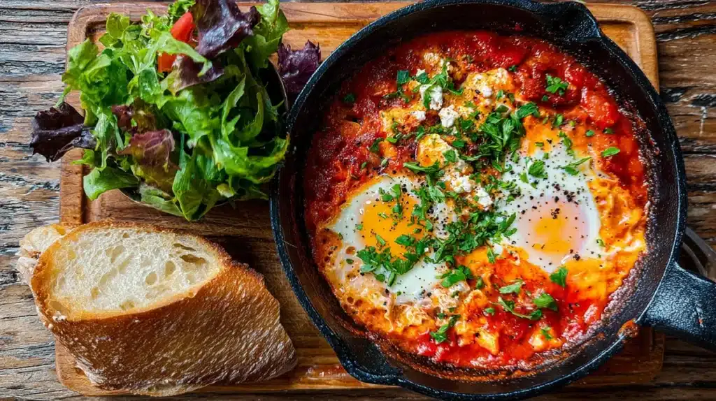 Shakshuka Pan Under 150 Calories for Unstoppable Morning Vitality 5 shakshuka pan served with bread and salad