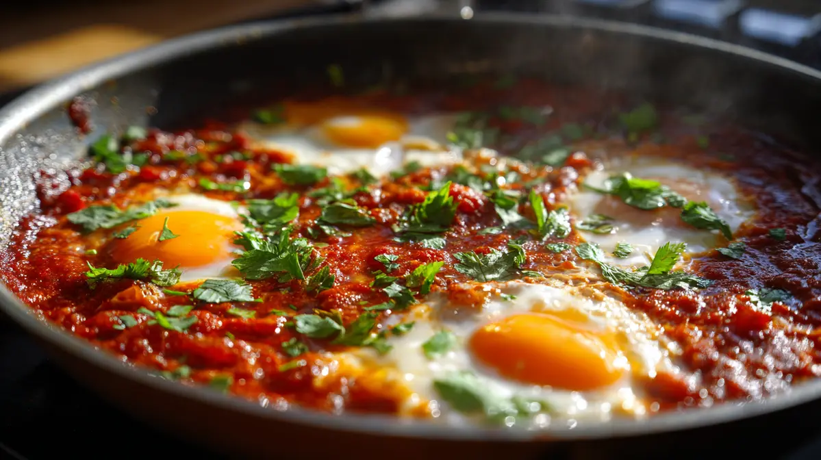 shakshuka pan with eggs and tomato sauce topped with herbs
