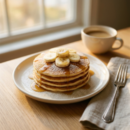 Lactose Free Pancakes Recipe — Fluffy & Dairy-Free 7 Finished plate of lactose free pancakes with sliced bananas and powdered sugar.