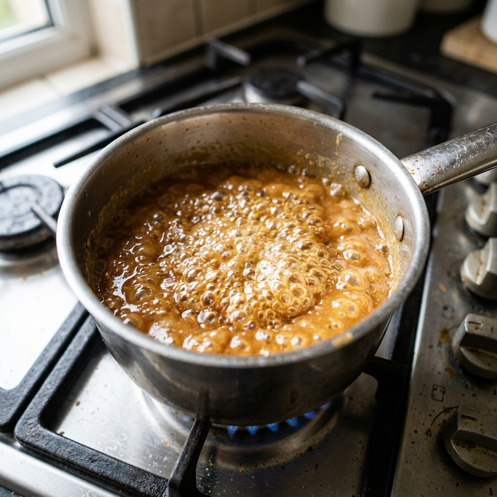 Close-up of a peanut butter and sugar mixture reaching a rolling boil in a stainless steel saucepan.