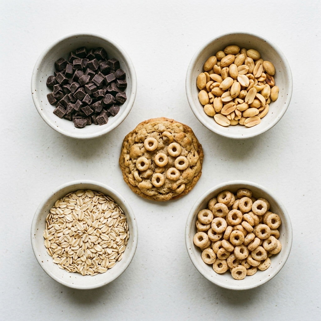 Comparison flat-lay of mix-in options like chocolate chips, peanuts, and oats around a Cheerio cookie.