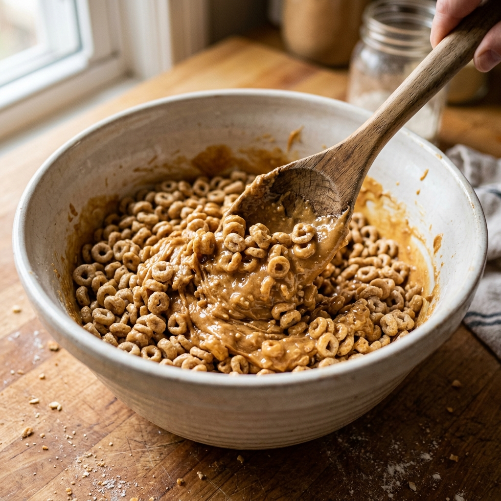Wooden spoon folding whole Cheerios into a thick peanut butter and sugar coating in a mixing bowl.