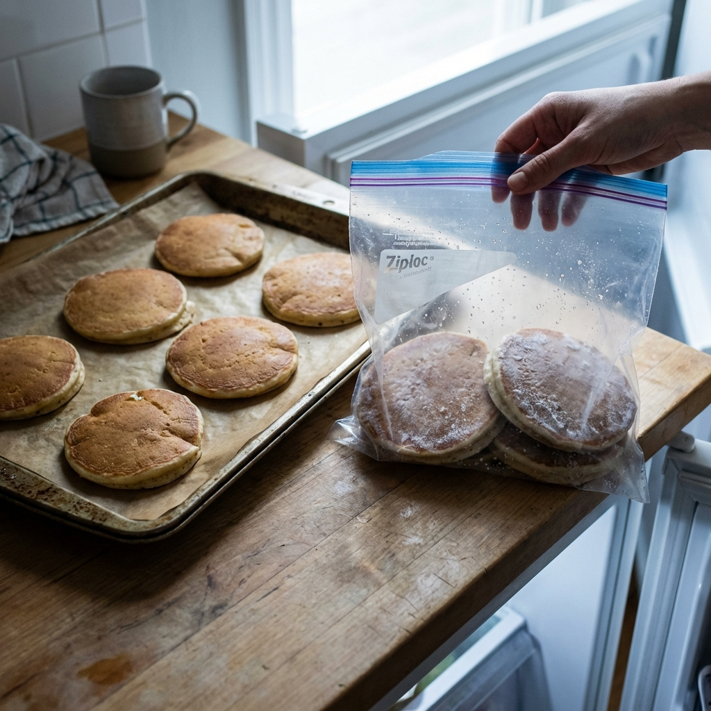 Lactose Free Pancakes Recipe — Fluffy & Dairy-Free 6 Cooked pancakes laid flat on parchment paper for flash-freezing in a zip bag.