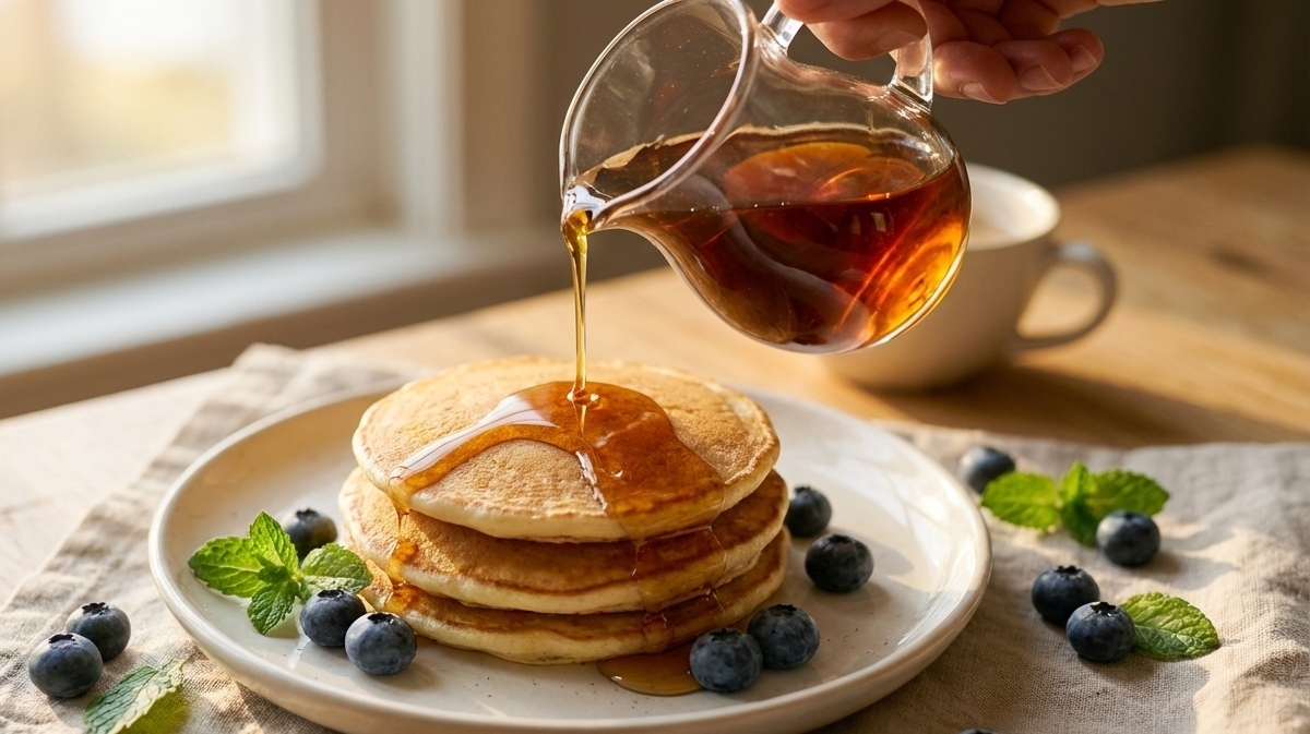 Lactose Free Pancakes Recipe — Fluffy & Dairy-Free 1 Stack of fluffy golden lactose free pancakes recipe with maple syrup drizzle and fresh blueberries.