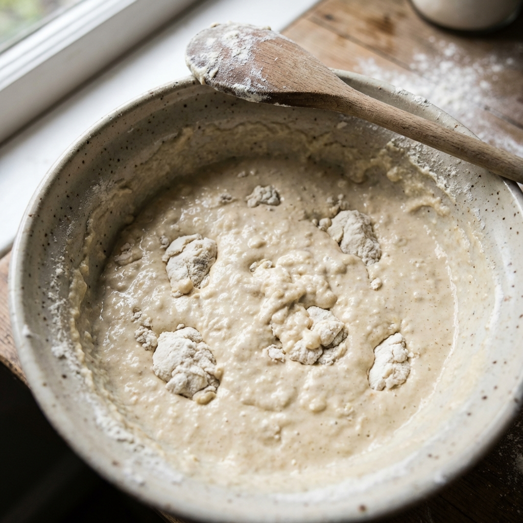 Lactose Free Pancakes Recipe — Fluffy & Dairy-Free 3 Lumpy pancake batter in a mixing bowl showing the correct consistency for fluffy pancakes.