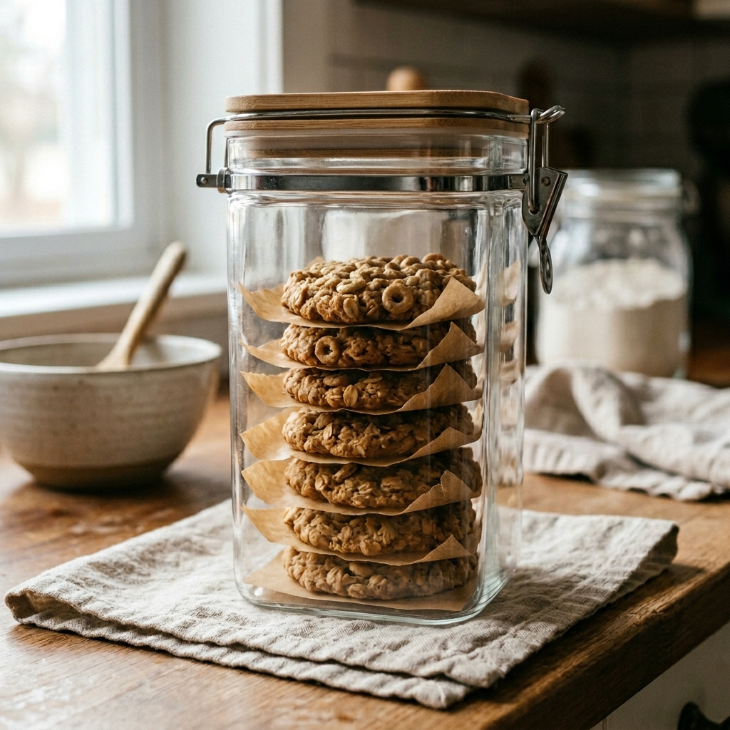 Stack of no-bake Cheerio cookies separated by parchment paper in a tall glass airtight container with a bamboo lid.