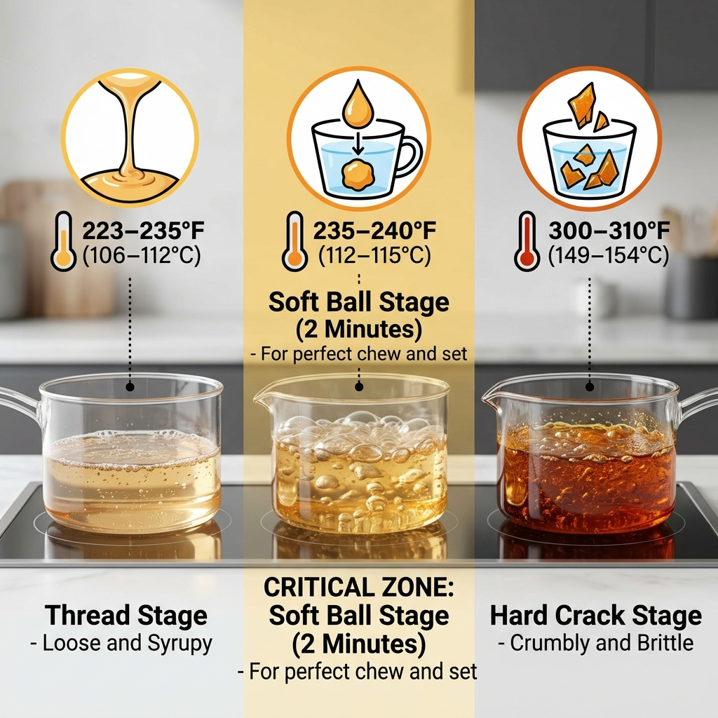 An educational infographic showing three stages of boiling sugar for no-bake cookies: Thread Stage, Soft Ball Stage (the critical 2-minute boil for Cheerios), and Hard Crack Stage, with temperature gauges and water test icons.