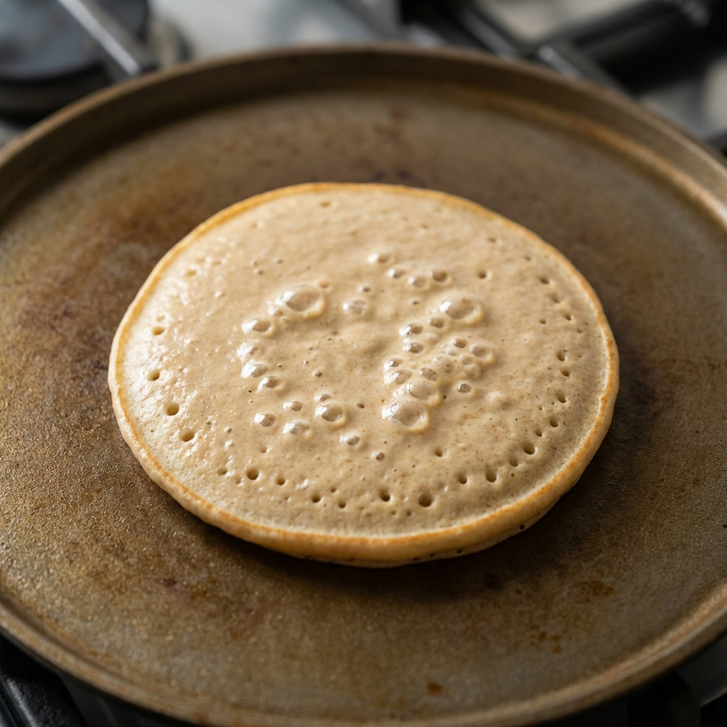 Lactose Free Pancakes Recipe — Fluffy & Dairy-Free 2 Close-up of bubbles forming on the surface of a pancake on a cast iron griddle.