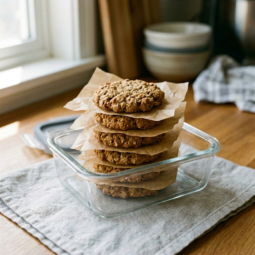 Stacked Cheerio cookies separated by parchment paper in a glass airtight storage container.