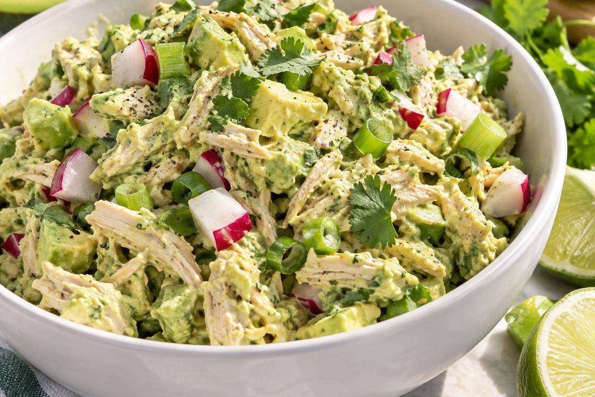 Creamy Avocado Chicken Salad Recipe with Lime and Cilantro 1 Photo of Creamy Avocado Chicken Salad Recipe with Lime and Cilantro (avocado chicken salad recipe): A sunlit close-up of avocado chicken salad recipe in a white bowl, showing shredded chicken coated in creamy pale-green avocado dressing with diced red radishes, scallions, cilantro, and lime wedges beside the bowl