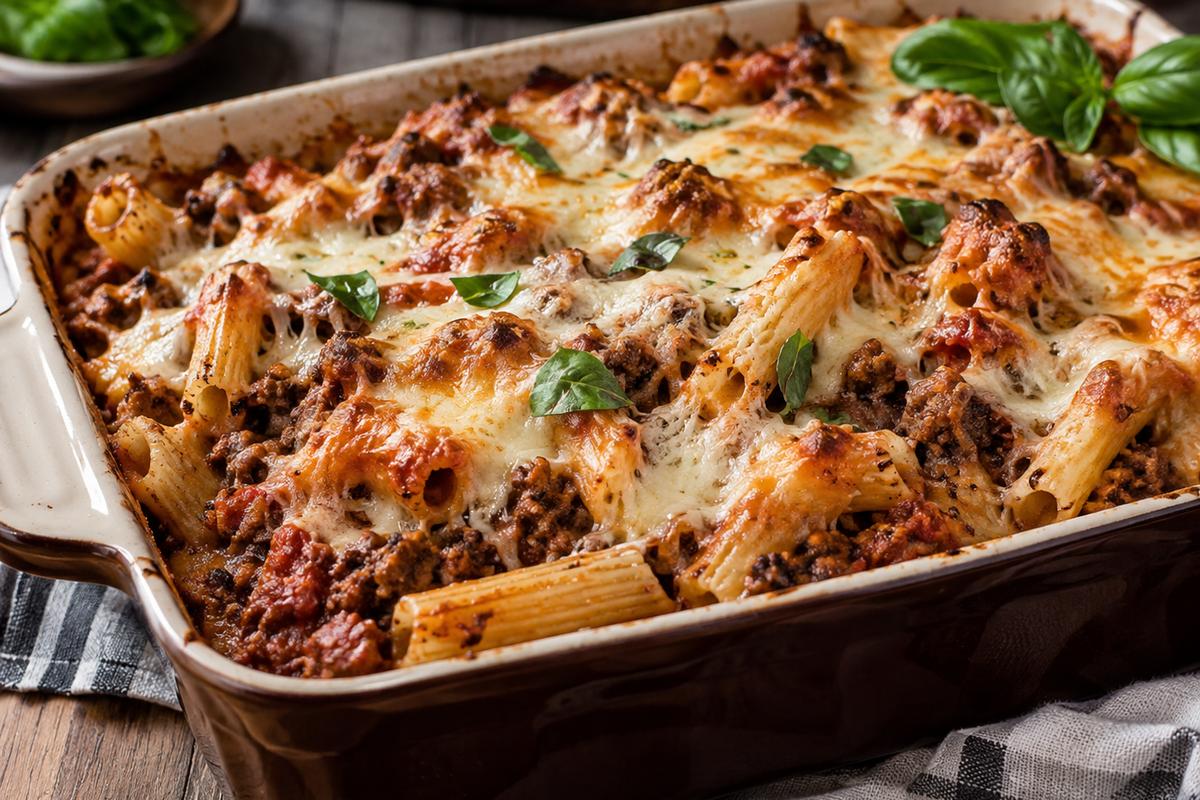 Easy Baked Pasta with Ground Beef Recipe 1 Photo of Easy Baked Pasta with Ground Beef Recipe (baked pasta with ground beef): A piping hot dish of baked pasta with ground beef, cheese bubbling on top, fresh basil garnishing the side.
