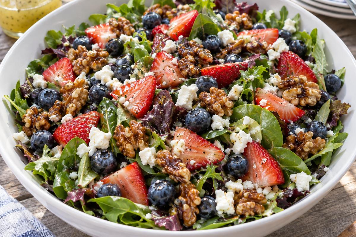 Berry Summer Salad with Feta and Candied Walnuts 1 Photo of Berry Summer Salad with Feta and Candied Walnuts (Berry summer salad): A large shallow white serving bowl filled with Berry summer salad, showing baby greens topped with quartered strawberries, fresh blueberries, crumbled feta, glossy candied walnuts, and a light white balsamic vinaigrette, photographed in natural summer daylight from a three-quarter overhead angle