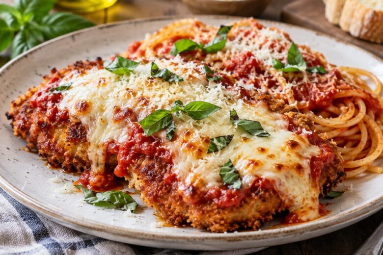 Photo of Delicious Chicken Parmesan Recipe (chicken parmesan recipe): Crispy chicken parmesan recipe with melted cheese and marinara sauce, freshly baked and served on a plate.