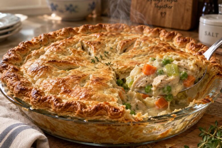 Chicken Pot Pie Recipe with Flaky Golden Crust 17 Photo of Chicken Pot Pie Recipe with Flaky Golden Crust (chicken pot pie recipe): A freshly baked chicken pot pie recipe in a clear 9-inch glass pie dish, with a deeply golden flaky double crust, decorative steam vents, and a spoon lifting creamy chicken, peas, carrots, and celery filling from one slice; warm natural kitchen light