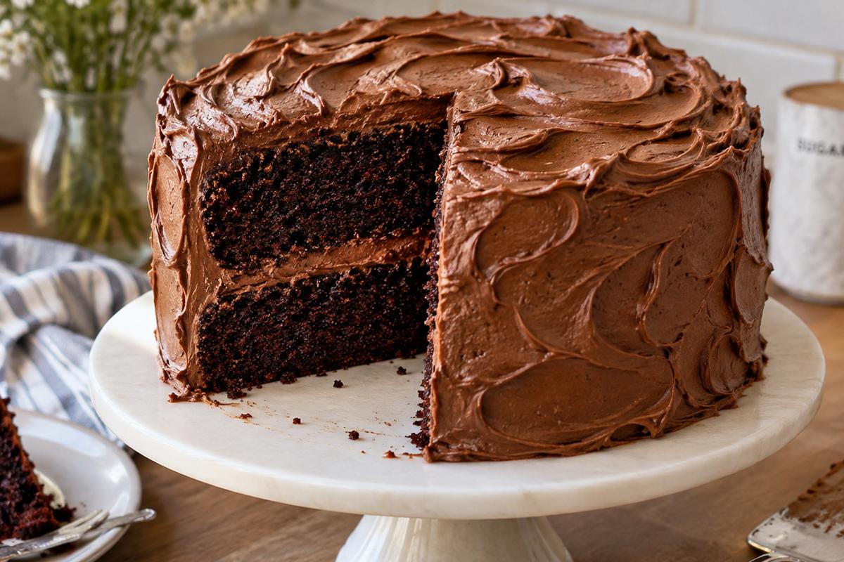 Chocolate Cake Dessert Recipes: Easy Moist Layer Cake 1 Photo of Chocolate Cake Dessert Recipes: Easy Moist Layer Cake (chocolate cake dessert recipes): A tall two-layer chocolate cake dessert recipe on a white cake stand, coated in smooth swirled chocolate buttercream, with one clean slice removed to reveal dark moist cake layers, soft natural kitchen light