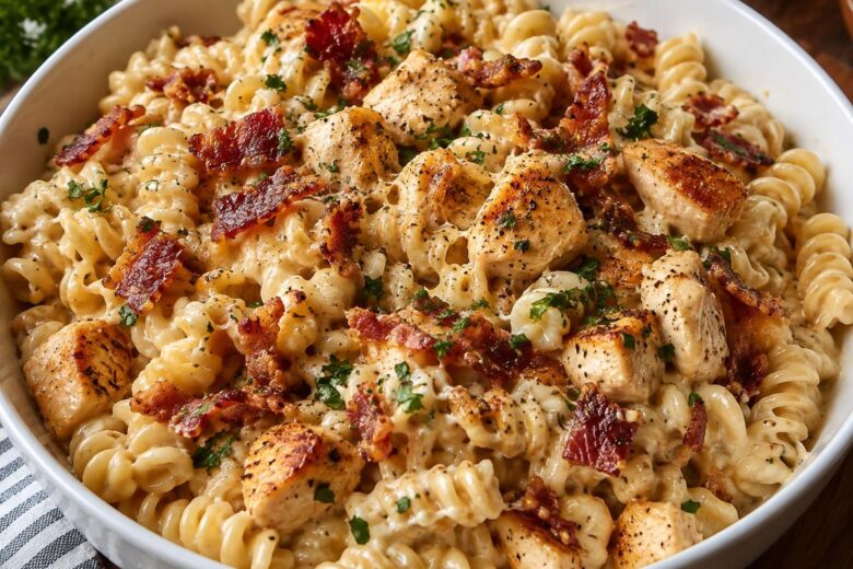 Photo of Creamy Chicken Bacon Ranch Pasta Recipe (creamy chicken bacon ranch pasta): A warm, close overhead photograph of creamy chicken bacon ranch pasta in a large white serving bowl, with spiral rotini coated in pale cheddar ranch sauce, golden chicken cubes, crisp chopped bacon, parsley, and a few cracked black pepper flecks