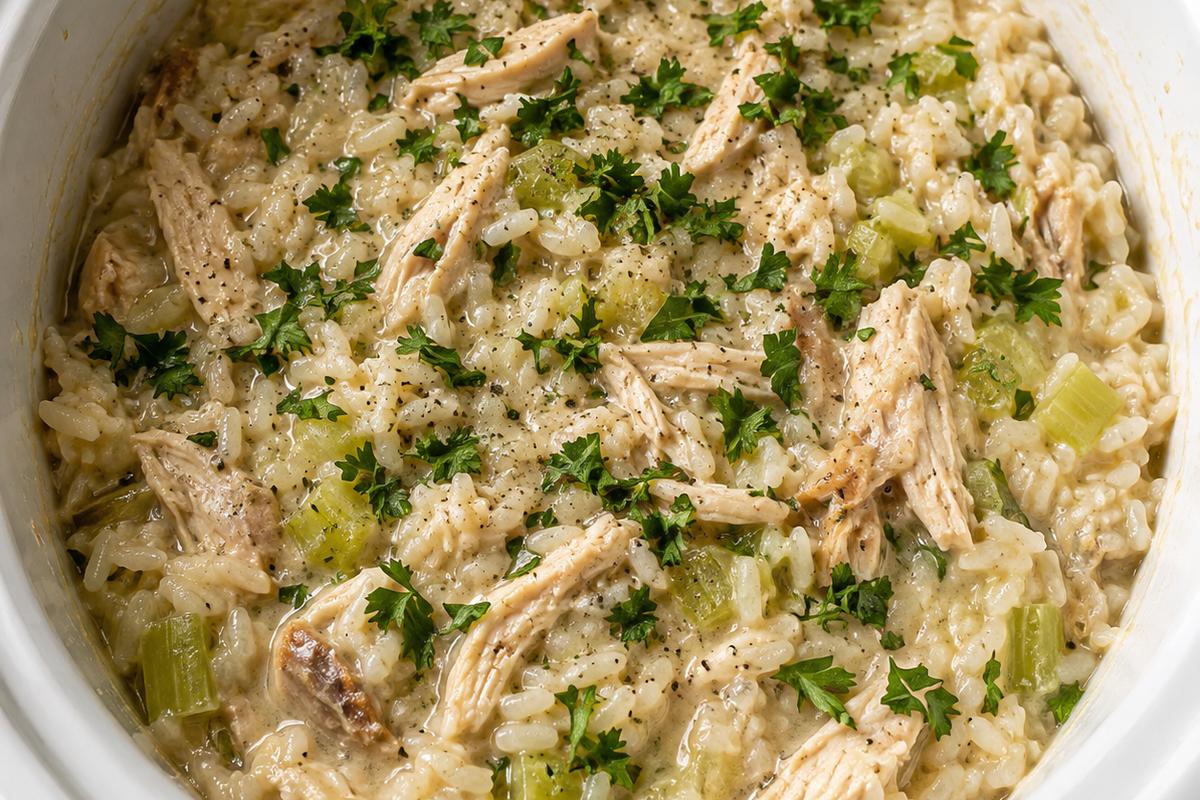 Creamy Crockpot Chicken and Rice Recipe 1 Photo of Creamy Crockpot Chicken and Rice Recipe (creamy crockpot chicken and rice): A close overhead view of creamy crockpot chicken and rice in a white slow cooker insert, with shredded chicken thighs, tender white rice, celery and onion pieces in a pale savory sauce, finished with chopped parsley