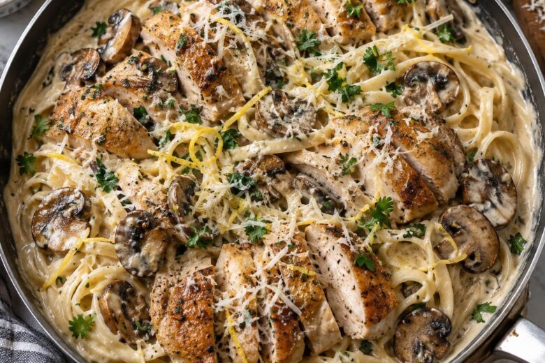 Photo of Creamy Garlic Parmesan Chicken Mushroom Pasta (creamy garlic parmesan chicken mushroom pasta): A close overhead view of creamy garlic parmesan chicken mushroom pasta in a wide skillet, with sliced golden chicken thighs, browned mushrooms, pasta coated in pale parmesan sauce, parsley, lemon zest, and grated parmesan
