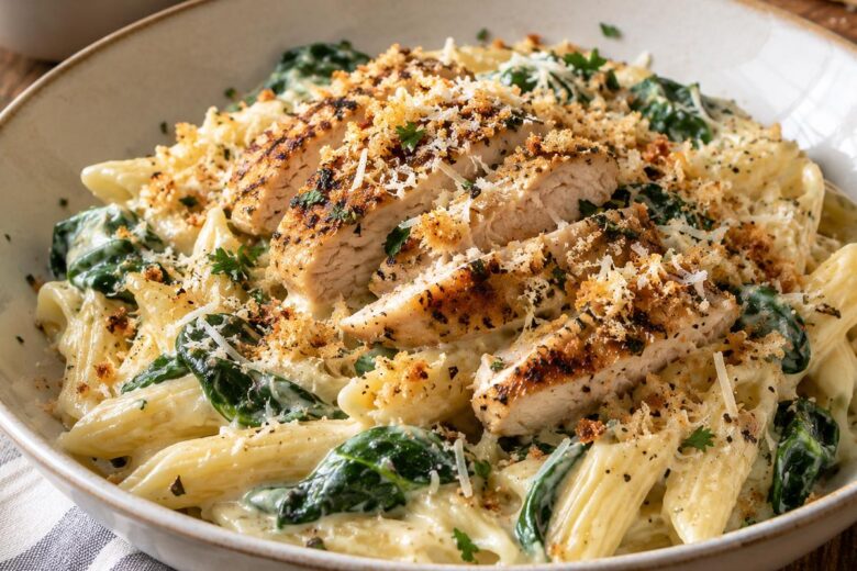 Photo of Creamy Parmesan Chicken Pasta Recipe with Spinach (creamy parmesan chicken pasta recipe): Creamy parmesan chicken pasta recipe served in a wide shallow bowl, with sliced golden herb-seasoned chicken over ridged pasta coated in glossy Parmesan cream sauce, wilted spinach, toasted panko, and fresh Parmesan, photographed in warm natural light