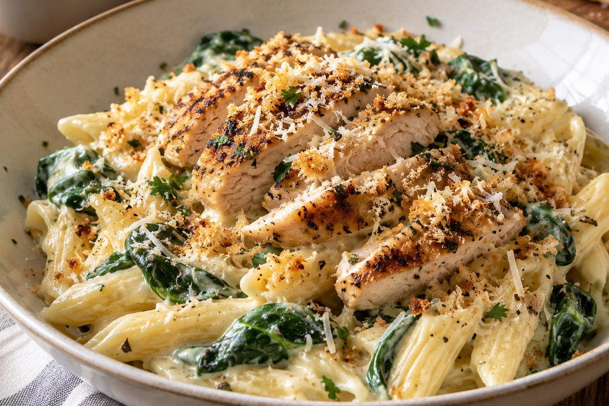 Creamy Parmesan Chicken Pasta Recipe with Spinach 1 Photo of Creamy Parmesan Chicken Pasta Recipe with Spinach (creamy parmesan chicken pasta recipe): Creamy parmesan chicken pasta recipe served in a wide shallow bowl, with sliced golden herb-seasoned chicken over ridged pasta coated in glossy Parmesan cream sauce, wilted spinach, toasted panko, and fresh Parmesan, photographed in warm natural light