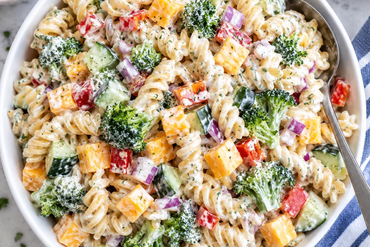 Creamy Ranch Pasta Salad with Cheddar and Crunchy Veggies 1 Photo of Creamy Ranch Pasta Salad with Cheddar and Crunchy Veggies (creamy ranch pasta salad): A bright overhead food photograph of creamy ranch pasta salad in a large white serving bowl, with rotini coated in creamy herb dressing, cheddar cheese cubes, broccoli, diced cucumber, red bell pepper, and red onion clearly visible, a serving spoon resting in the bowl