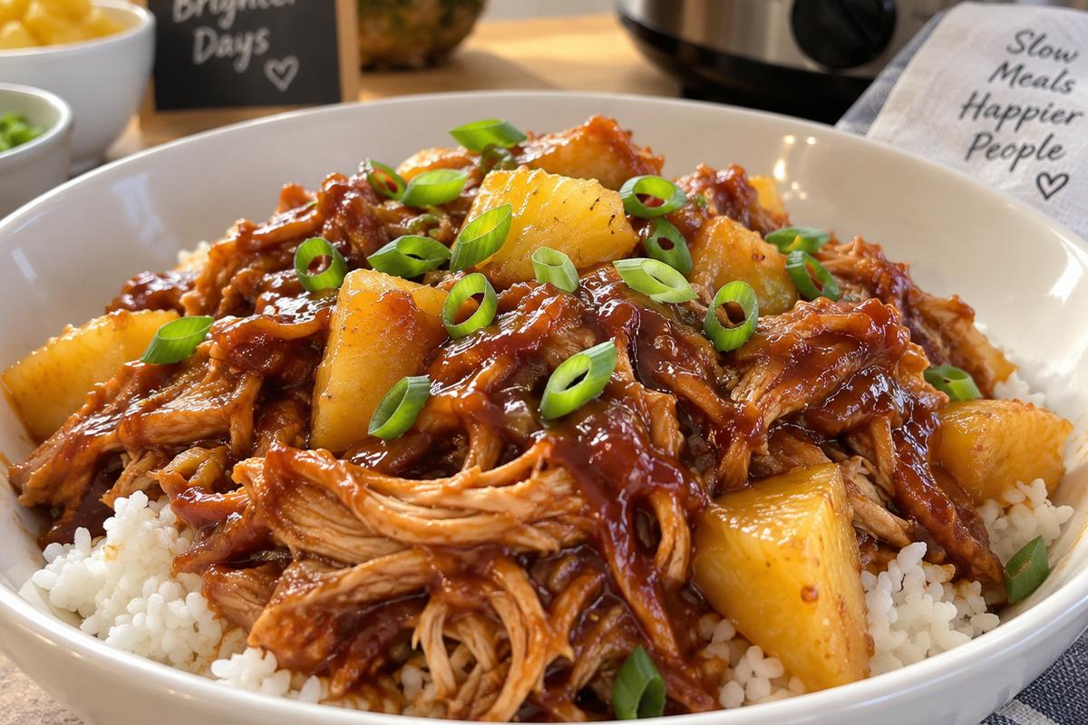 Crockpot Chicken Recipes Slow Cooker Pineapple BBQ Chicken 1 Photo of Crockpot Chicken Recipes Slow Cooker Pineapple BBQ Chicken (crockpot chicken recipes slow cooker): Finished crockpot chicken recipes slow cooker pineapple BBQ chicken, tender shredded chicken coated in glossy barbecue-pineapple sauce in a white serving bowl, with pineapple chunks, sliced green onions, and steamed rice, warm natural kitchen light