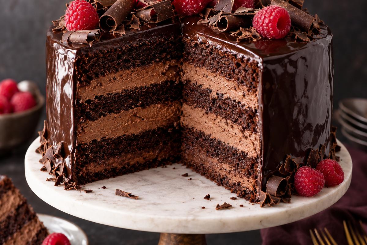 Dark Chocolate Dessert Recipes: Dark Chocolate Mousse Cake 1 Photo of Dark Chocolate Dessert Recipes: Dark Chocolate Mousse Cake (dark chocolate dessert recipes): Dark chocolate dessert recipes featured as a tall four-layer dark chocolate mousse cake, sliced to show fluffy chocolate mousse between moist cocoa cake layers, coated in glossy ganache and topped with raspberries and chocolate curls on a cake stand