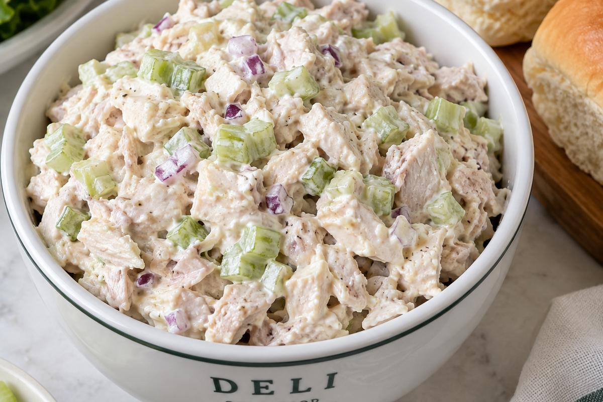 Creamy Deli Chicken Salad Recipe 1 Photo of Creamy Deli Chicken Salad Recipe (deli chicken salad recipe): A close overhead view of creamy deli chicken salad recipe in a white deli-style bowl, showing finely chopped tender chicken, crisp celery, and tiny onion pieces in a glossy mayonnaise dressing, with soft sandwich rolls beside it