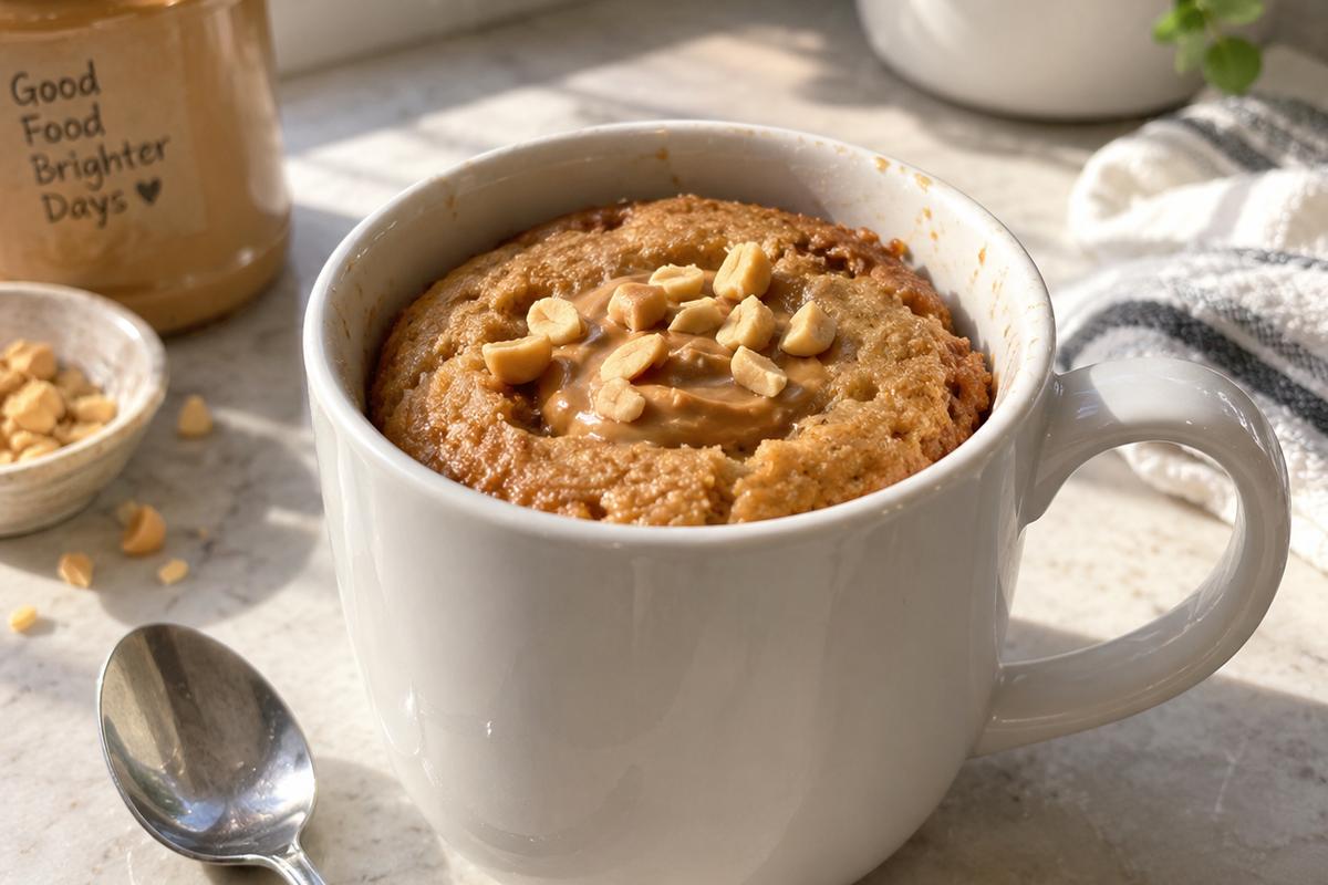 Photo of Dessert Recipes 3 Ingredients: Easy Peanut Butter Mug Cake (dessert recipes 3 ingredients): A warm 3 ingredient peanut butter mug cake, representing dessert recipes 3 ingredients, shown in a white ceramic mug with a golden-brown top and a small spoon beside it on a sunlit kitchen counter