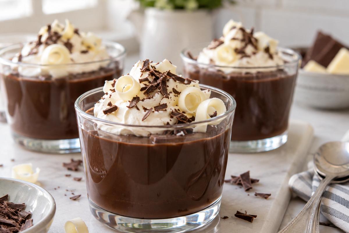 Dessert Recipes Chocolate Pudding: Silky Three-Chocolate Pudding 1 Photo of Dessert Recipes Chocolate Pudding: Silky Three-Chocolate Pudding (dessert recipes chocolate pudding): A close three-quarter view of dessert recipes chocolate pudding in small glass cups, with glossy dark chocolate pudding topped with soft whipped cream, white chocolate curls, and a few chocolate shavings on a light kitchen table