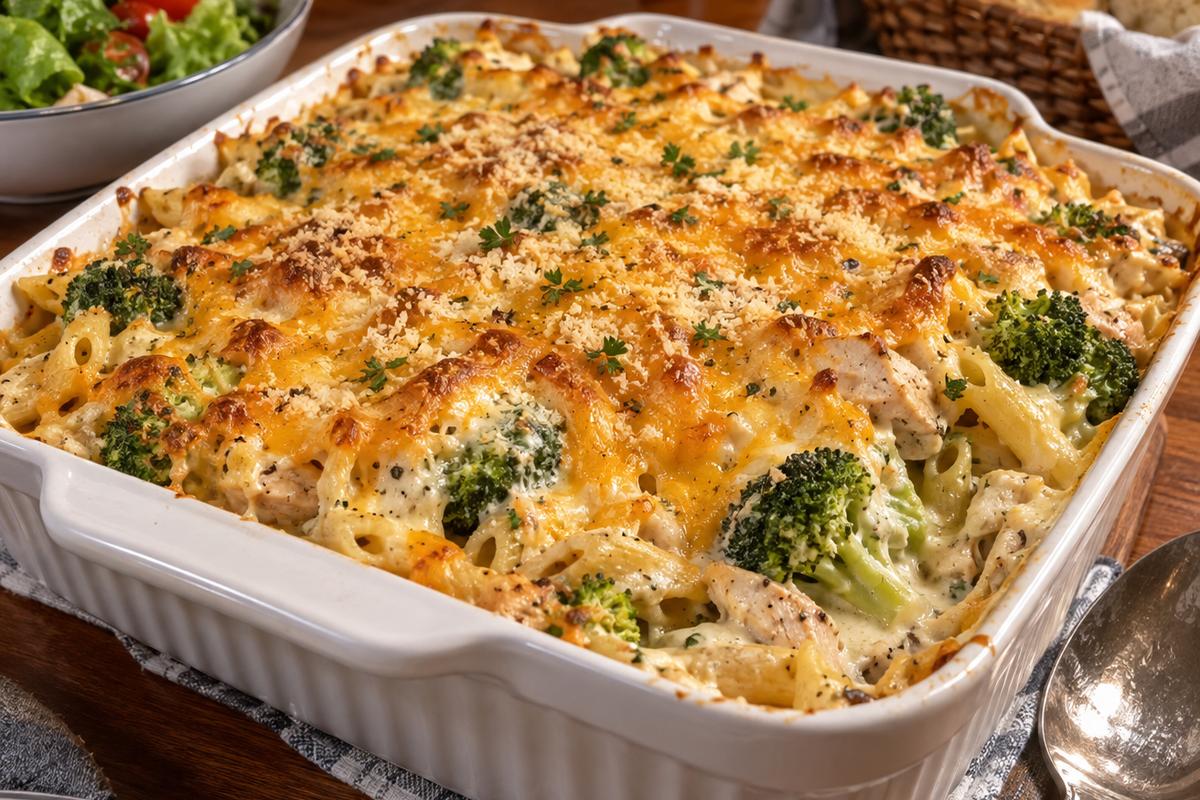Creamy Chicken Broccoli Pasta Bake | Dinner Recipes for Family 1 Photo of Creamy Chicken Broccoli Pasta Bake | Dinner Recipes for Family (dinner recipes for family): A family-style creamy chicken broccoli pasta bake fresh from the oven in a white ceramic casserole dish, golden melted cheddar and Parmesan on top, tender pasta and broccoli visible at the edges, set on a warm dinner table with serving spoon, realistic food photography