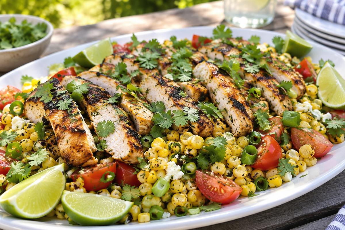 Grilled Chicken Corn Summer Salad with Lime and Cilantro 1 Photo of Grilled Chicken Corn Summer Salad with Lime and Cilantro (grilled chicken corn summer salad): A vibrant grilled chicken corn summer salad served on a wide white platter, with sliced grilled chicken breast over sweet corn kernels, chopped ripe tomatoes, scallions, cilantro, and lime wedges, photographed outdoors in natural summer light