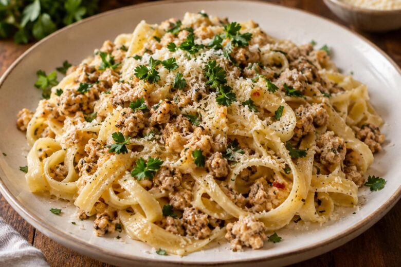 Delicious Ground Chicken Pasta Recipes You’ll Love 18 Photo of Delicious Ground Chicken Pasta Recipes You’ll Love (ground chicken pasta recipes): A beautifully plated dish of ground chicken pasta with fettuccine, garnished with parsley and a sprinkle of Parmesan cheese.
