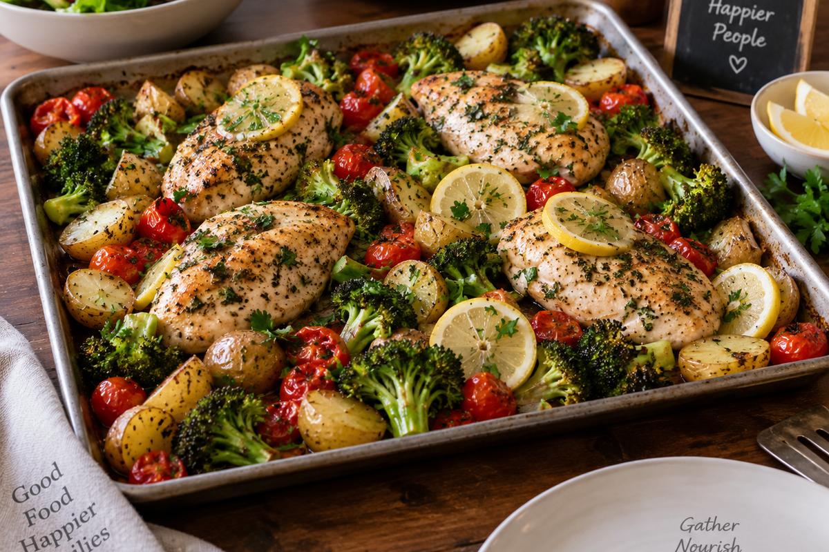 Photo of Healthy Dinner Recipes Family Will Love: One-Pan Lemon Herb Chicken (healthy dinner recipes family): A warm family-style sheet pan of healthy dinner recipes family lemon herb chicken, roasted baby potatoes, broccoli florets, and cherry tomatoes, garnished with lemon slices and parsley on a rustic dinner table