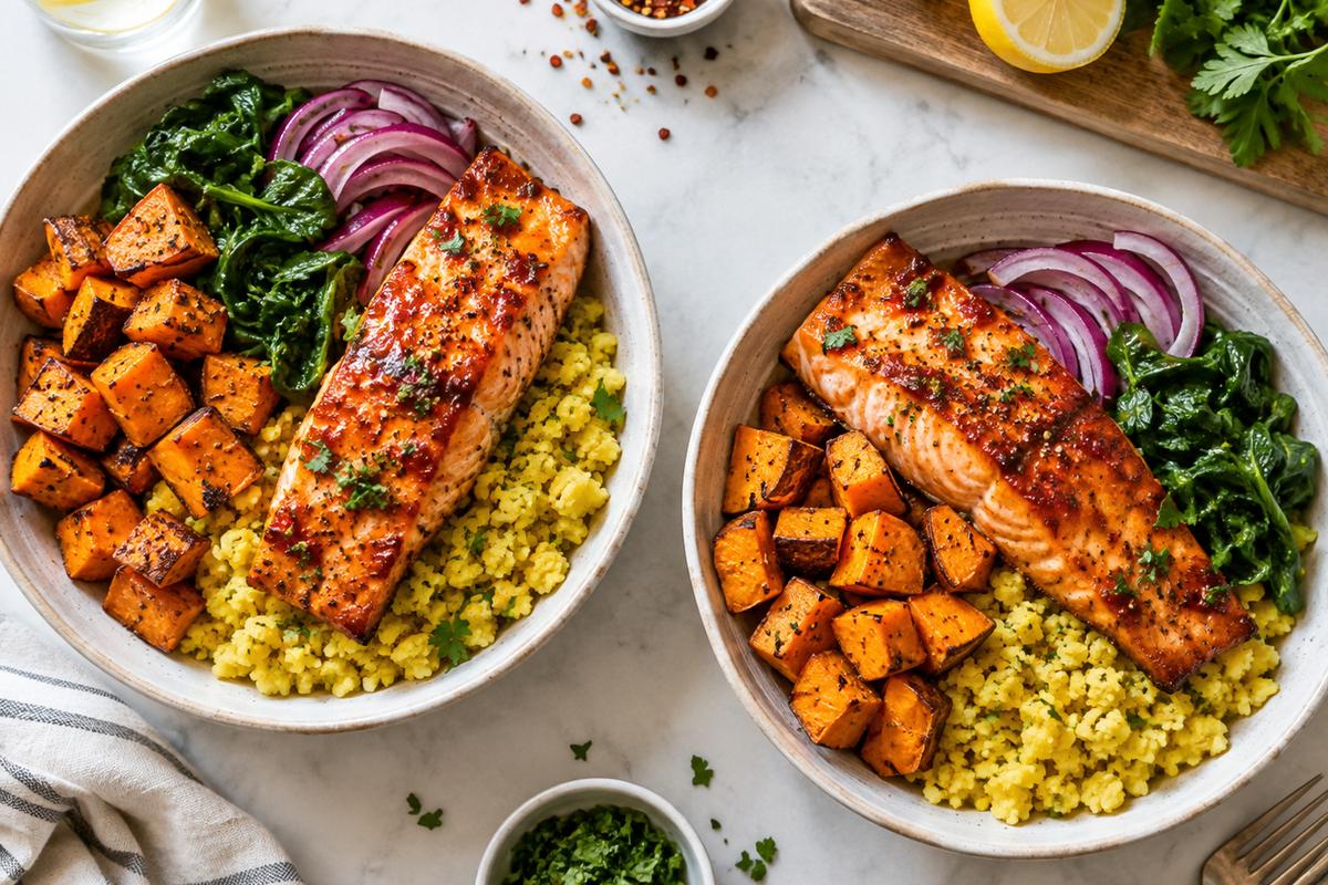 Honey Chili Salmon High Protein and Fiber Dinner Bowls 1 Photo of Honey Chili Salmon High Protein and Fiber Dinner Bowls (high protein and fiber dinner bowls): A bright overhead dinner scene with two high protein and fiber dinner bowls filled with honey chili salmon fillets, glossy cubed sweet potatoes, turmeric cauliflower rice, wilted spinach, and red onion in shallow ceramic bowls