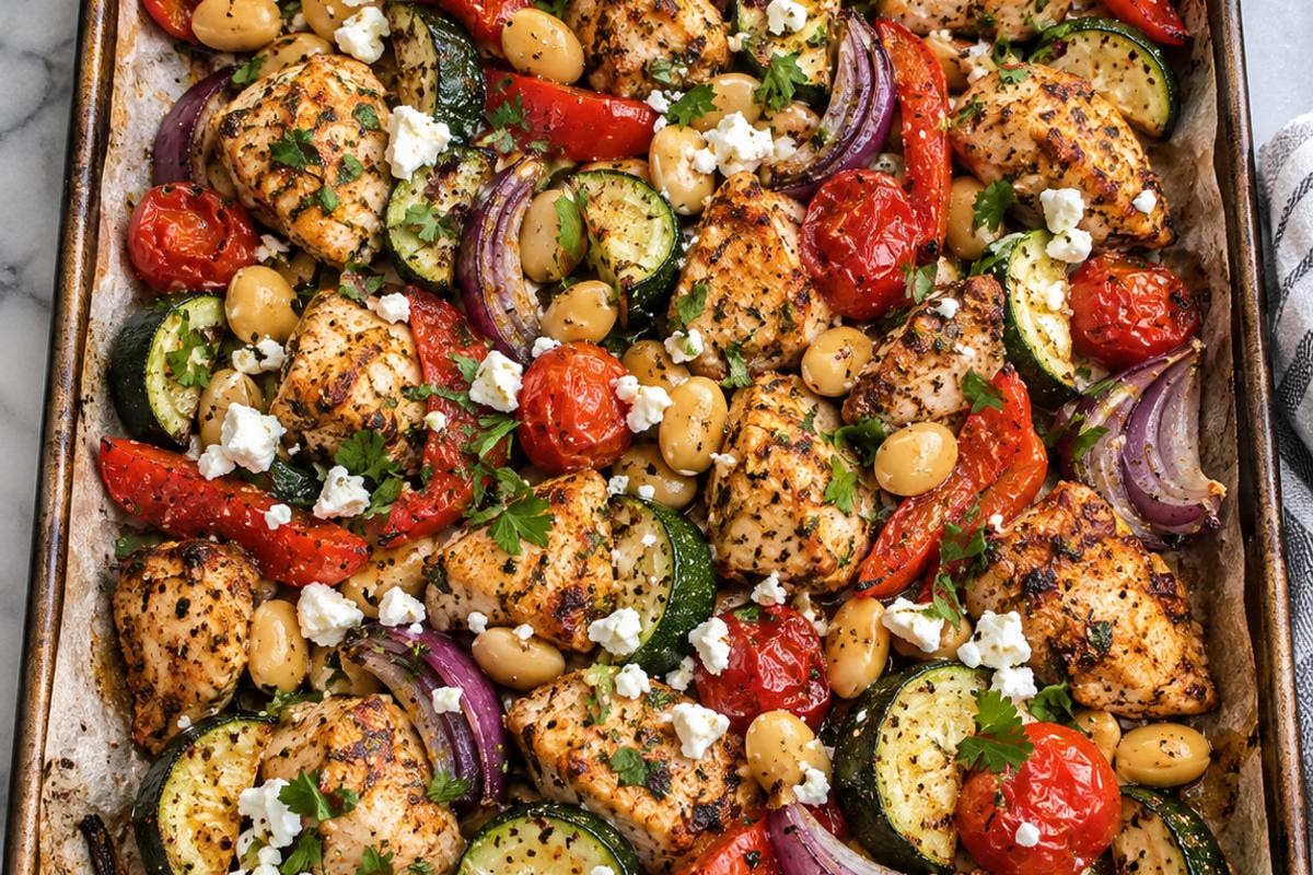 Photo of High Protein High Fiber Low Carb Dinner: Sheet Pan Chicken & Vegetables (high protein high fiber low carb dinner): A colorful high protein high fiber low carb dinner of smoky roasted chicken bites, zucchini half-moons, red bell pepper, red onion, burst cherry tomatoes, and lupini beans on a parchment-lined sheet pan, finished with crumbled feta and parsley, overhead natural-light food photography