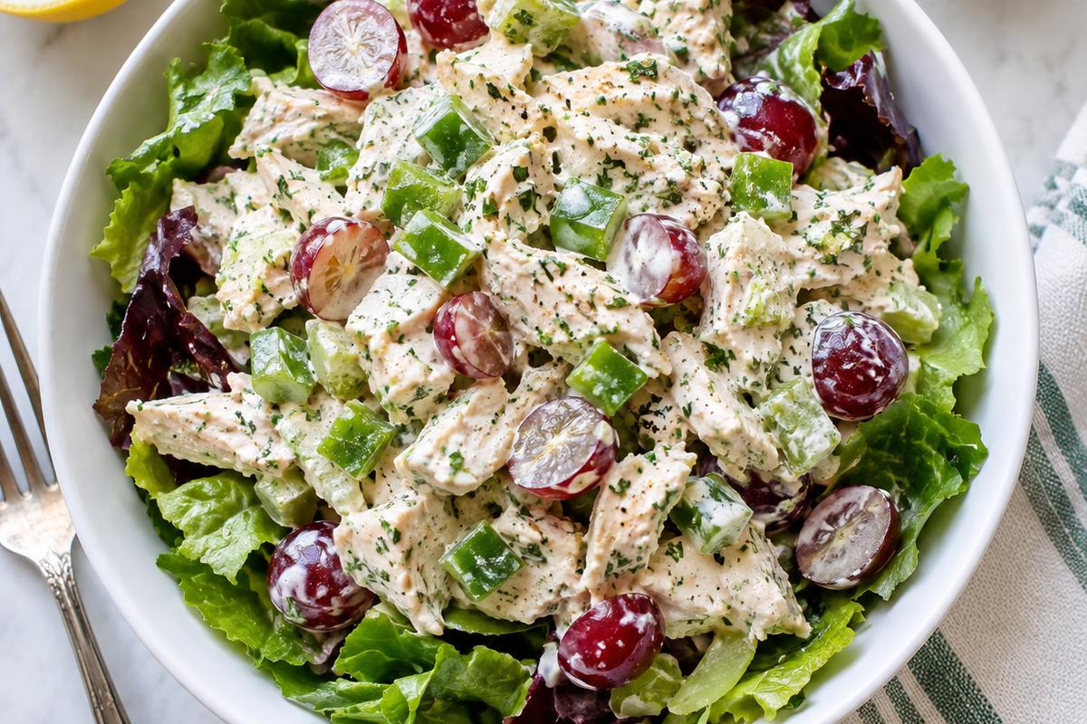 Photo of Creamy Chicken High Protein Low Carb Lunch Salad (high protein low carb lunch salad): A bright overhead food photograph of a high protein low carb lunch salad with creamy lemon-herb chicken, diced green bell pepper, halved red grapes, and leafy greens in a white bowl, with a small fork beside it