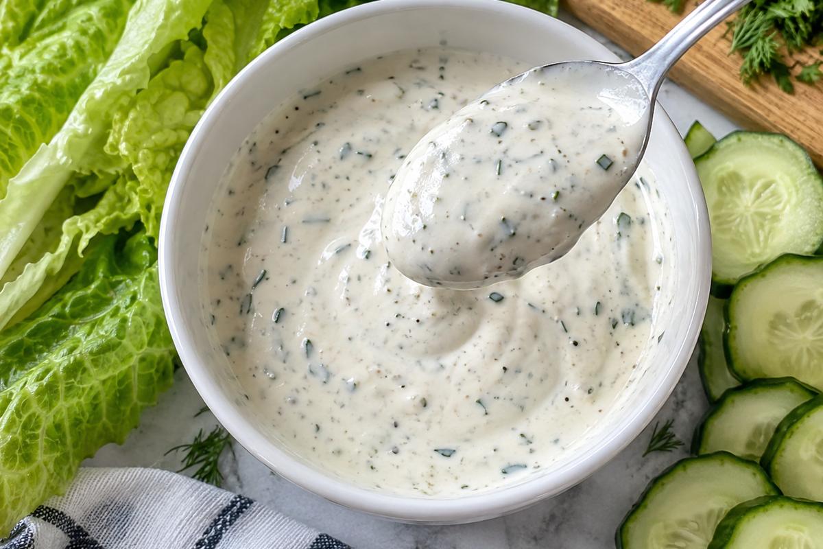 Creamy High Protein Low Carb Salad Dressing 1 Photo of Creamy High Protein Low Carb Salad Dressing (high protein low carb salad dressing): A close overhead view of creamy high protein low carb salad dressing in a small white bowl, with a spoon showing its smooth thick texture, ranch herb flecks, fresh romaine and cucumber around the bowl, bright natural kitchen light