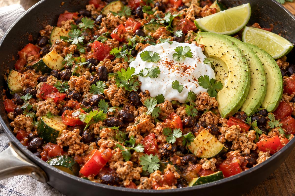Low Calorie High Protein High Fiber Dinner: Smoky Turkey Bean Skillet 1 Photo of Low Calorie High Protein High Fiber Dinner: Smoky Turkey Bean Skillet (low calorie high protein high fiber dinner): A vibrant low calorie high protein high fiber dinner of smoky ground turkey, black beans, zucchini, bell pepper, and tomatoes in a wide skillet, topped with cilantro, lime wedges, avocado slices, and a dollop of Greek yogurt, photographed in warm natural light