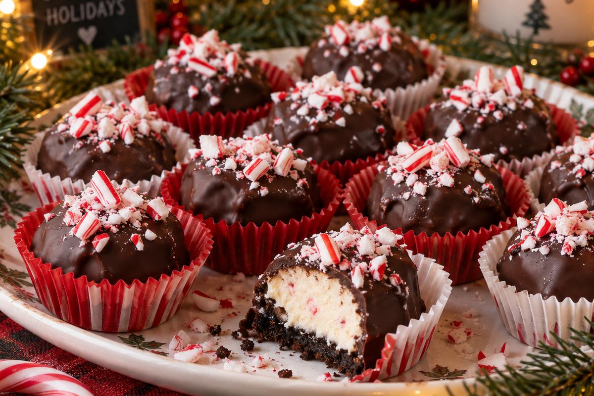 No Bake Desserts Christmas: Chocolate Peppermint Cheesecake Bites 1 Photo of No Bake Desserts Christmas: Chocolate Peppermint Cheesecake Bites (no bake desserts christmas): A festive platter of no bake desserts christmas chocolate peppermint cheesecake bites in red and white mini paper liners, coated in dark chocolate and topped with crushed candy canes, surrounded by evergreen sprigs and warm holiday lights
